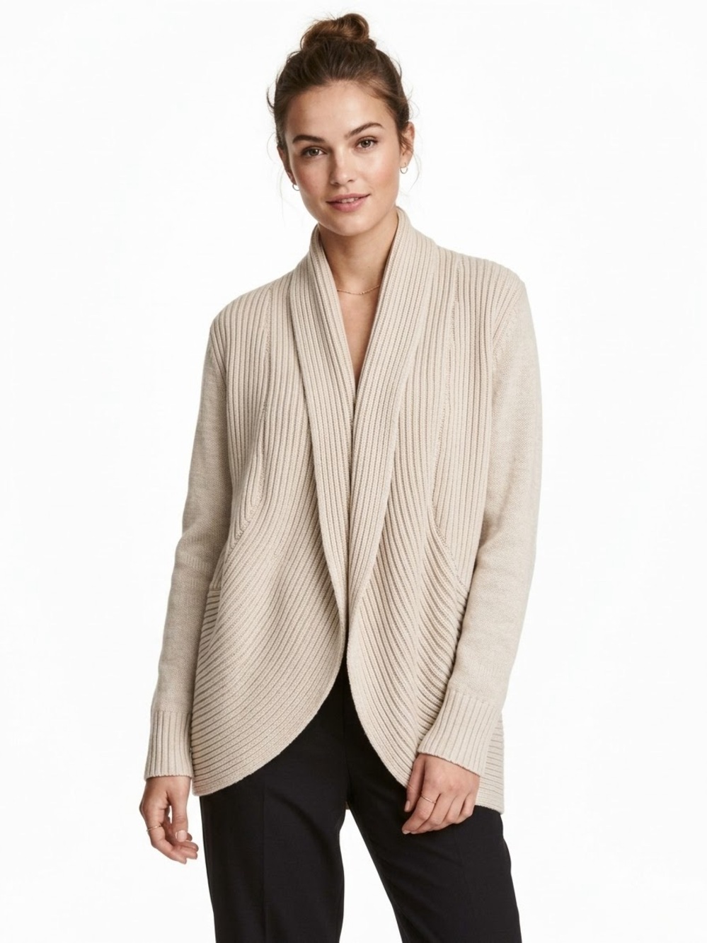 H&M Cream Ribbed Shawl-Collar Cardigan